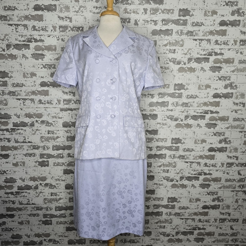 Le Suit 2 Piece Skirt Set Womens 14 Periwinkle Floral Short Sleeve Career Work